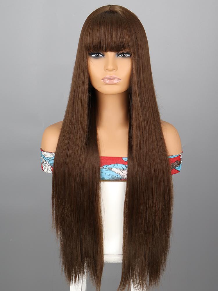 MISSQUEEN Women Fashion Long Straight Wig with Bangs White Brown Red Color Synthetic Fiber Straight Wig