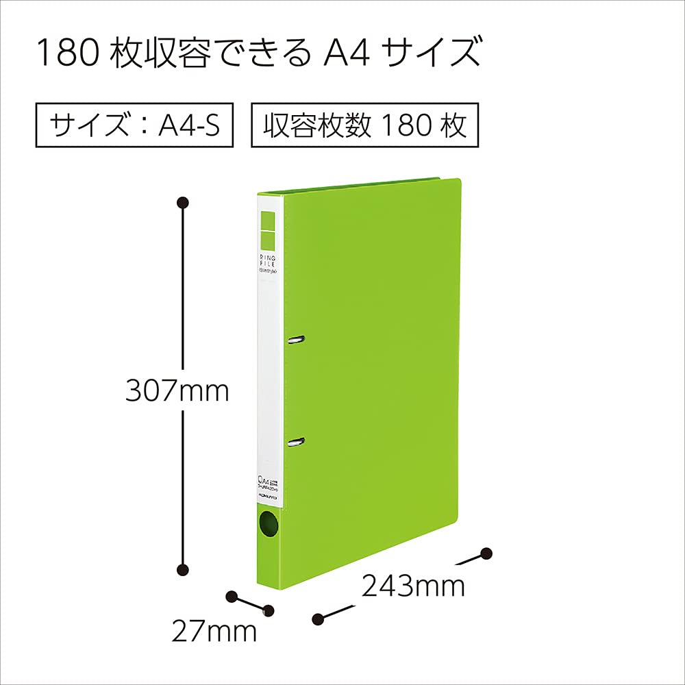 KOKUYO Slim Ring Model H307 x W243 x D27mm 2 Ring inner 22mm 158g File, 2-Hole, A4, 180-Sheet Capacity, Yellow-Green, Number URF420YG. Dimensions /