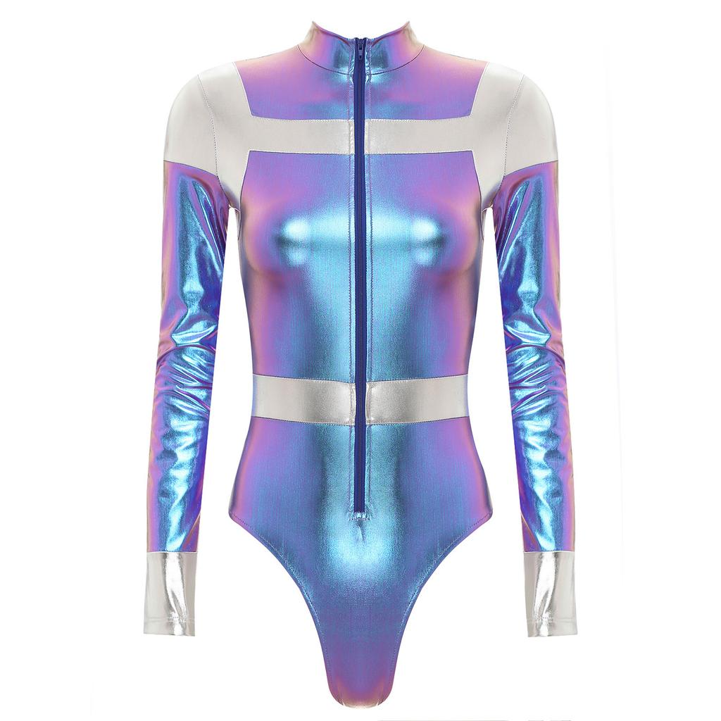 Женский боди космонавта, боди с длинным рукавом и воротником-стойкой, облегающий леотард, металлический блестящий контрастный комбинезон