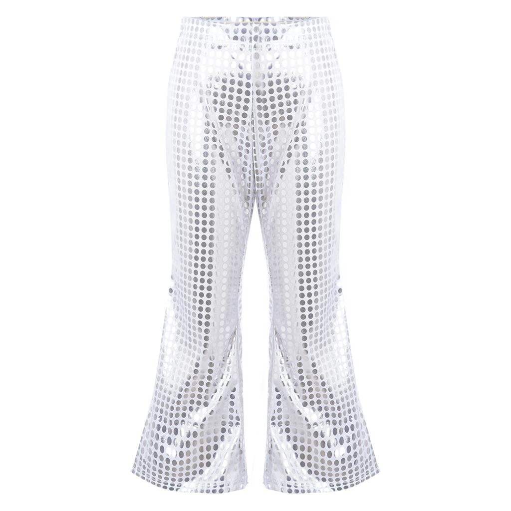 Детская стильная одежда для мальчиков и девочек, расклешенные брюки с эластичным поясом, блестящие брюки с блестками для выступлений на сцене