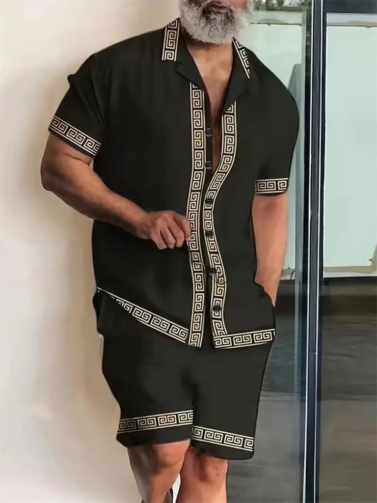 Мужской Новый Гавайский Комплект: Рубашка с коротким рукавом и Шорты Летний Повседневный для Путешествий Пляжный Повседневный Комплект с Шортами на Шнурке Принт Джунгли