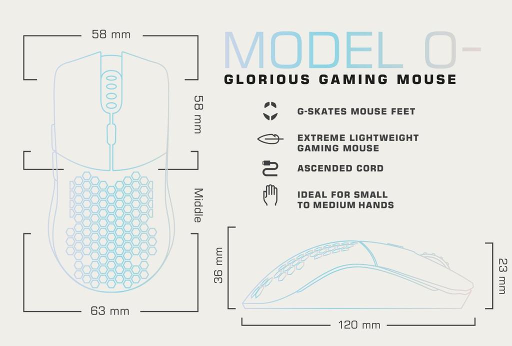 Glorious Model O Wired Gaming Lightweight 6 Programmable USB White Mouse, RGB, Buttons, Mouse, (58g)