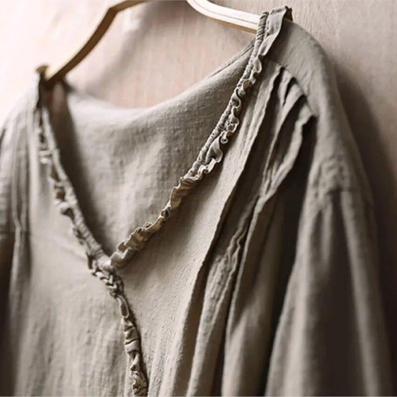 Johnature Women Vintage Patchwork V-Neck T-Shirts Long Sleeve Solid Color Autumn Tees Loose Cotton Linen Women T-Shirts