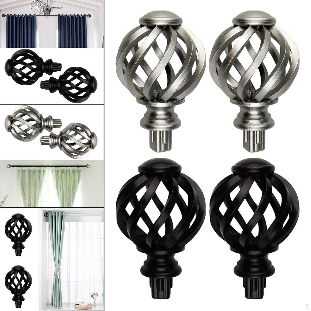 2Pairs Curtain Rod Finials 3/4 Inch Argent Hollow Out and Black