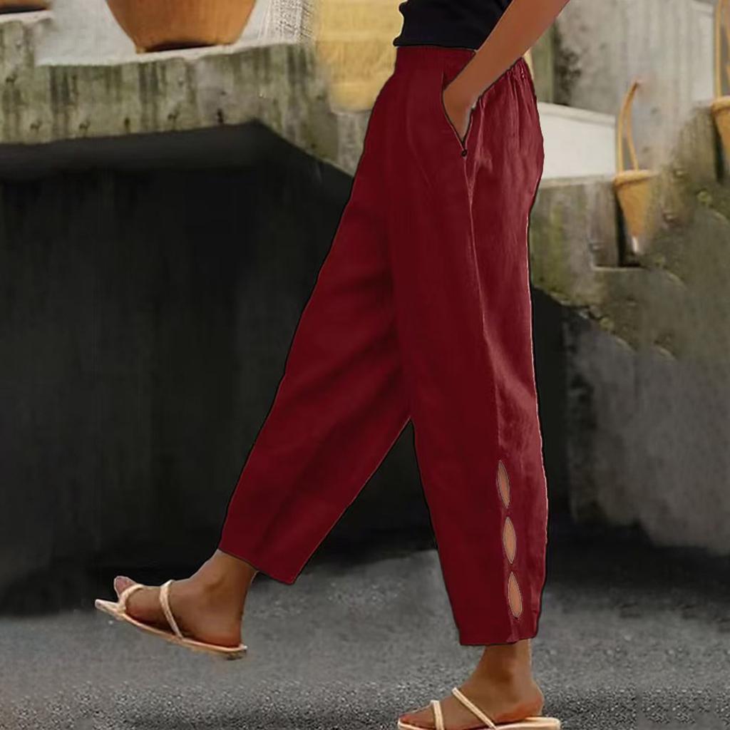 Women's Fashion Cotton Linen Solid Color Casual Daily Side Pockets Leg Hollow Button Trousers
