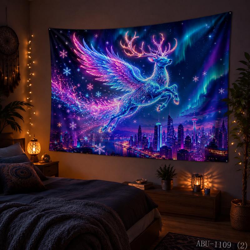 Aurora Urban Elk Christmas Tapestry High Definition Background Cloth Holiday Atmosphere Room Decoration