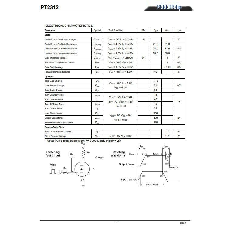 Оригинальный PT2312 SOT-23 N-канальный MOSFET