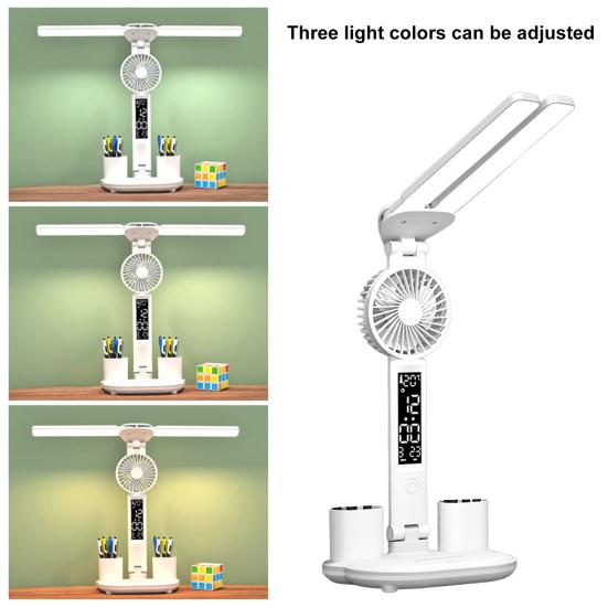 3-в-1 светодиодная настольная лампа с охлаждающим вентилятором, держателем для ручек, дизайном без мерцания, регулируемой яркостью, сенсорным управлением, многоугловым вращением, офисная настольная лампа