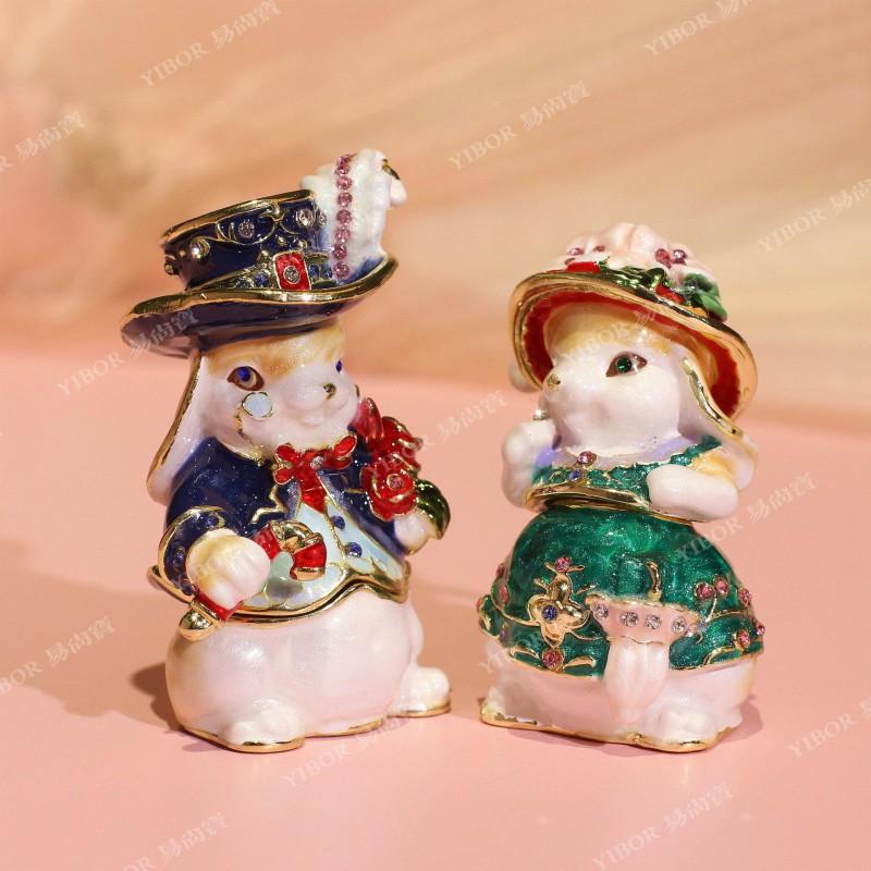 Elegant Enamel Jewelry Box With Rabbit Duke Duchess Figurines Handmade Alloy Decorative Gift Couples
