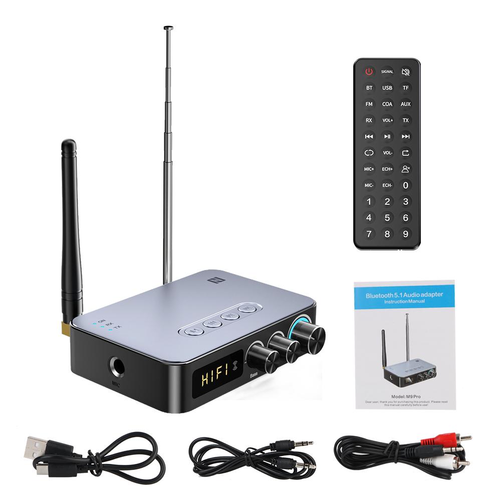 Bluetooth 5.3 M9Pro Intelligent Audio Receiver Transmitter NFC/AUX/RCA/USB U Disk/TF/6.5 Mic/Karaoke/FM Radio Digital Adapter
