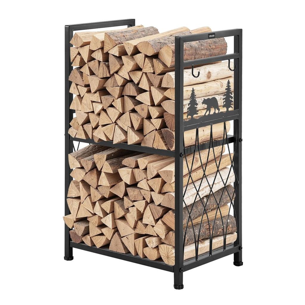 Indoor Firewood Rack, 45.5cm 2-Tier Firewood Holder with Fireplace Tools, Brush, Shovel, Poker, Tongs, Heavy Duty Log Wood Rack, 400 lbs Weight