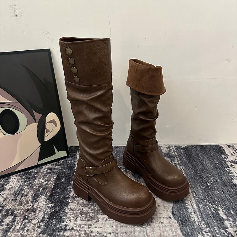 Women'S Platform Motorcycle Boots Buckle Strap Thick-Soled Boots Feamle New Fashion Black Pu Leather Western Knight Botas Mujer