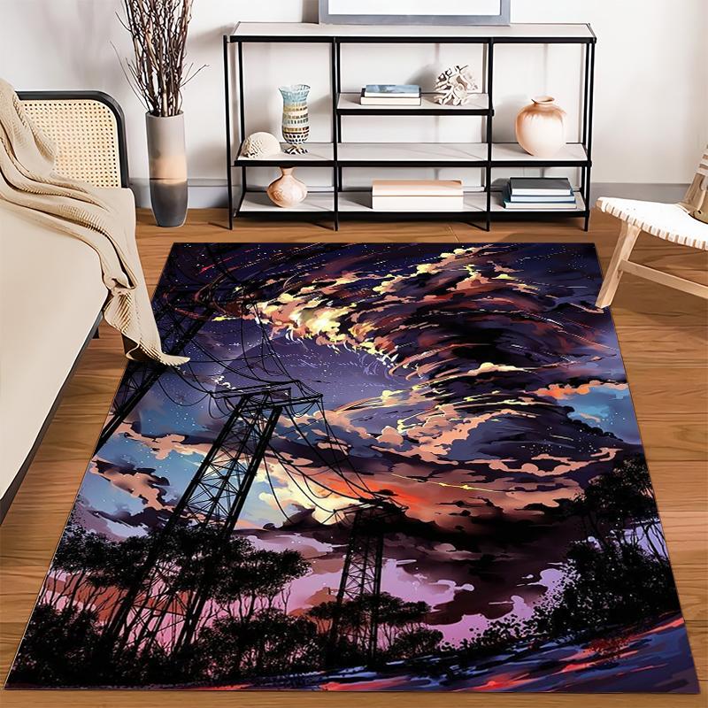 Vibrant Night Sky Inspired Carpet with Powerlines and Fiery Clouds Suitable for use as an anti-slip for living room bedroom sofas