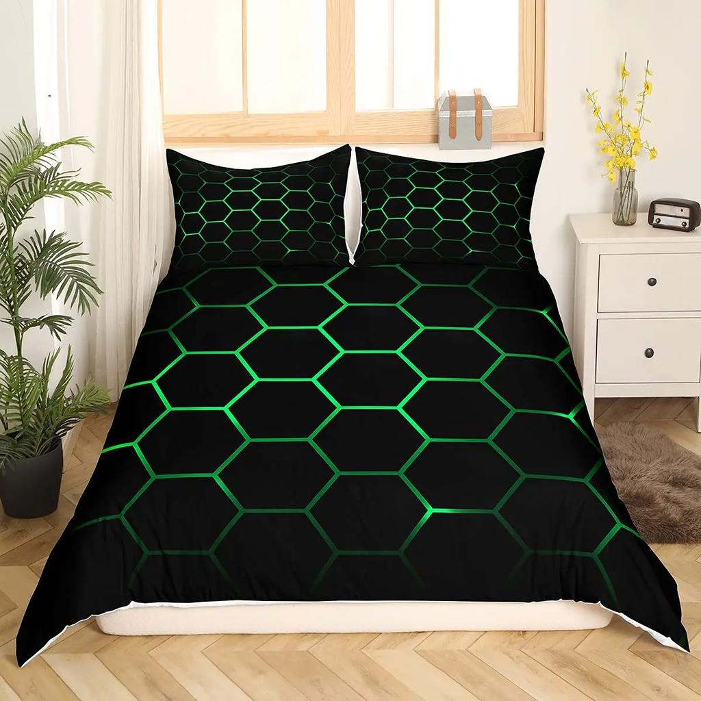 Red Glowing Polygonal Grid Pattern Bedding Set 135×200 Duvet Cover Set with Pillowcase 260×220 Quilt Cover Black Blanket Cover