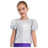 Girls Short Puff Sleeves Shiny Sequins Top Jazz Dance Cheerleading Performance Wear