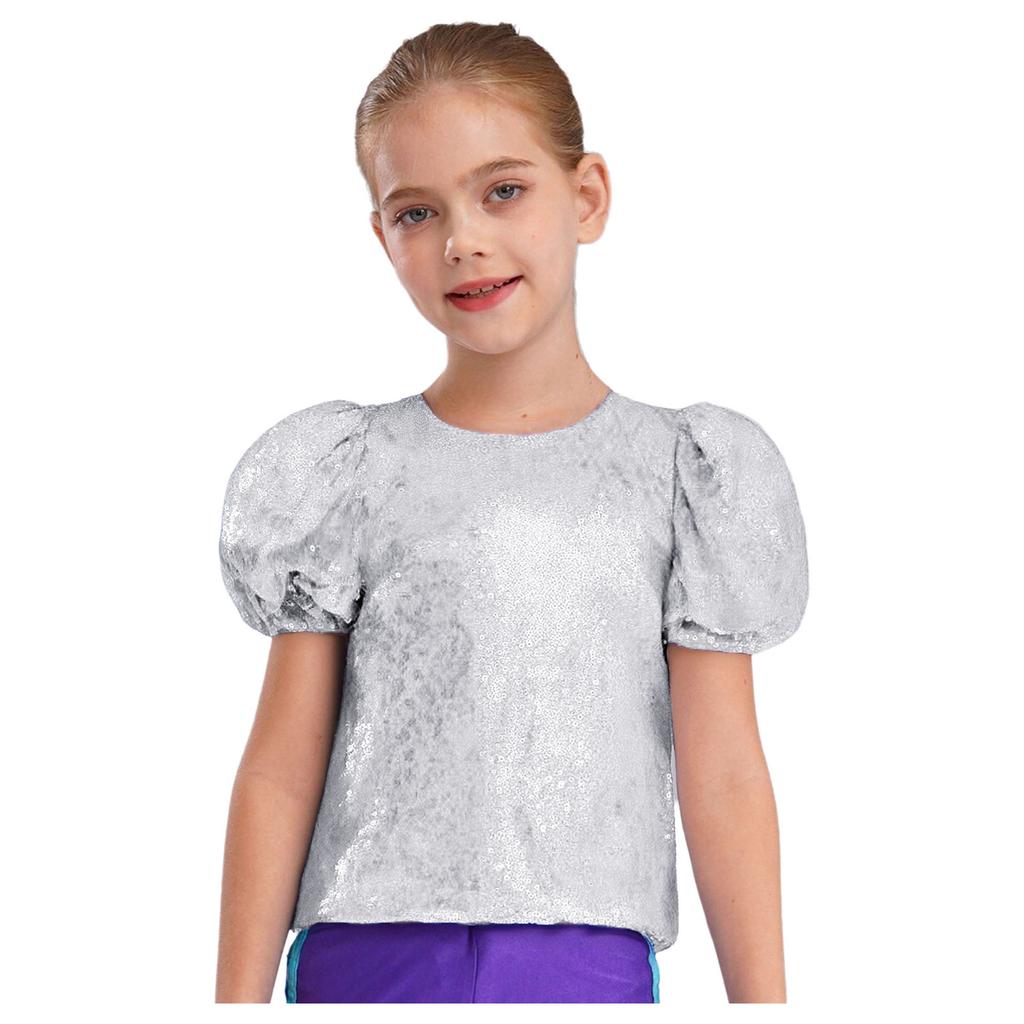 Girls Short Puff Sleeves Shiny Sequins Top Jazz Dance Cheerleading Performance Wear