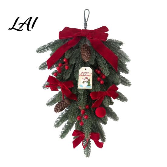 Commercial Christmas Mall Decor Teardrop Swag with LED Lights Artificial PE Pine Hanging Decoration Upside Down Door Ornaments Red Bow Pinecones
