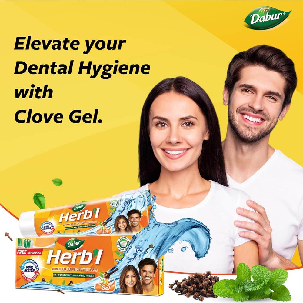 Herbal Clove and Mint Gel Toothpaste + FREE toothbrush 150 gm Dabur Herb'l Advanced toothpaste
