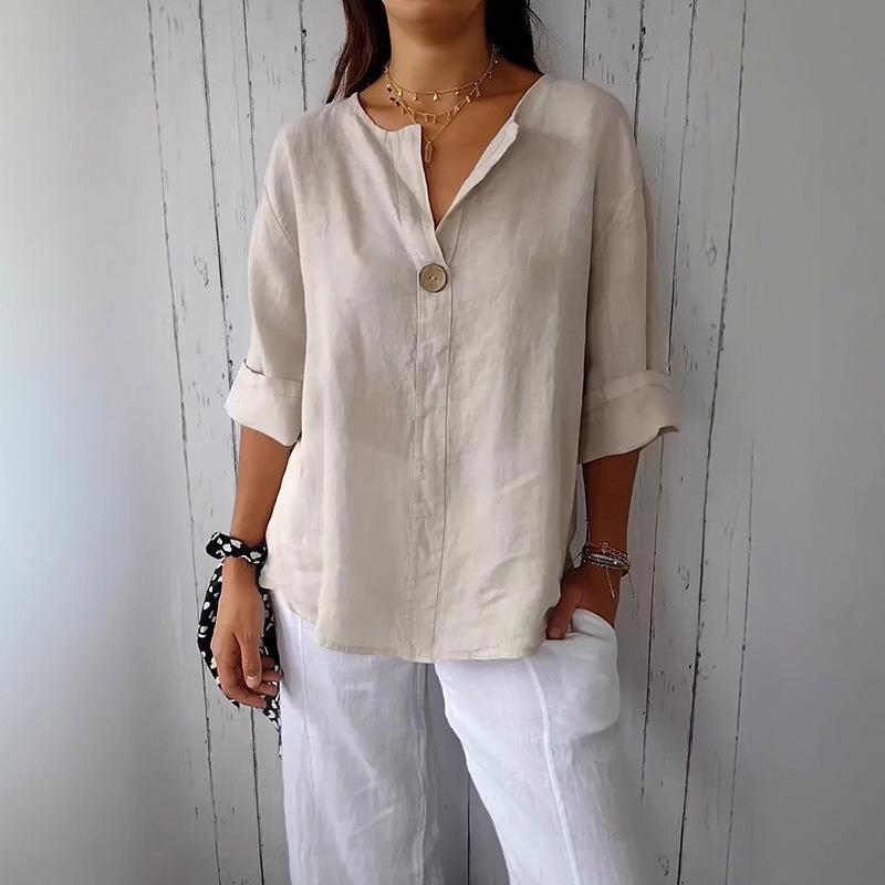 2025 European Summer V-Neck Cotton Linen Women's T-shirt
