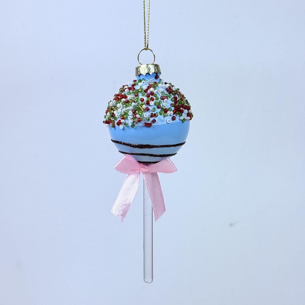 Bombka kształtka szklana - niebieski cake pop z posypką , ciasteczkowy lizak 13x5x5 cm