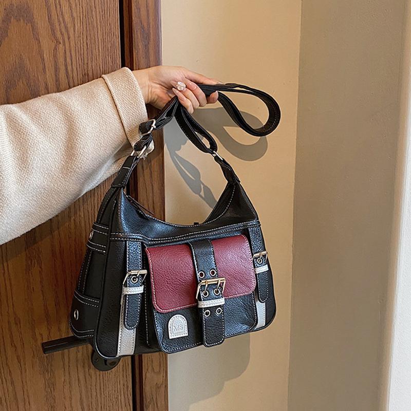 Yogodlns Retro Patchwork Shoulder Bag For Women Soft Leather Crossbody Bag Cool Girl Messenger Bag Shopping Purse Handbag