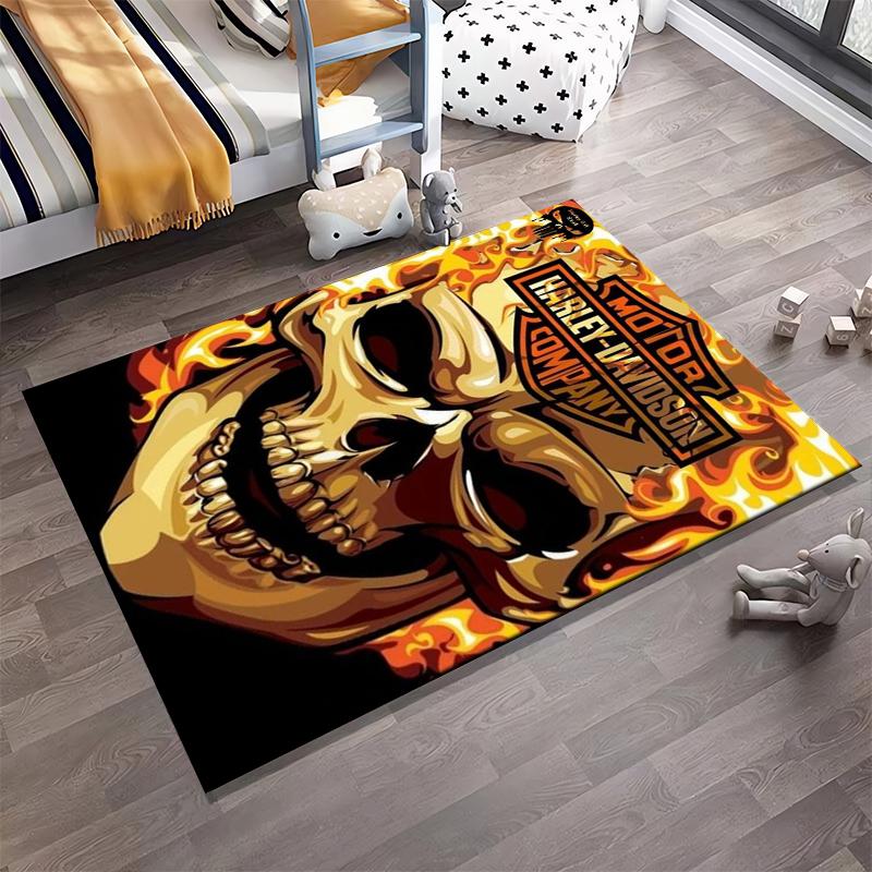 "Flaming Skull Harley-Davidson Style Rug with Vibrant Design" Suitable for use as an anti-slip for living room bedroom sofas