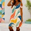 Women Plus Size V Neck Cold Shoulder Short Sleeve Printed Casual Dress
