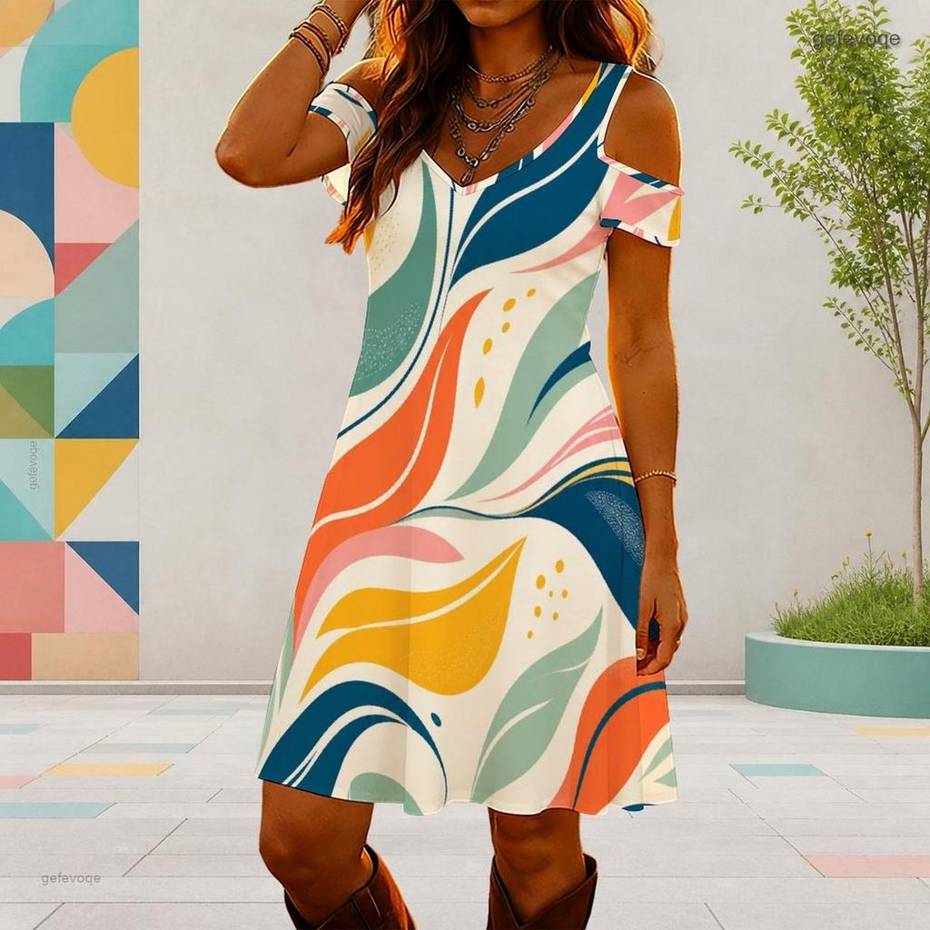 Women Plus Size V Neck Cold Shoulder Short Sleeve Printed Casual Dress