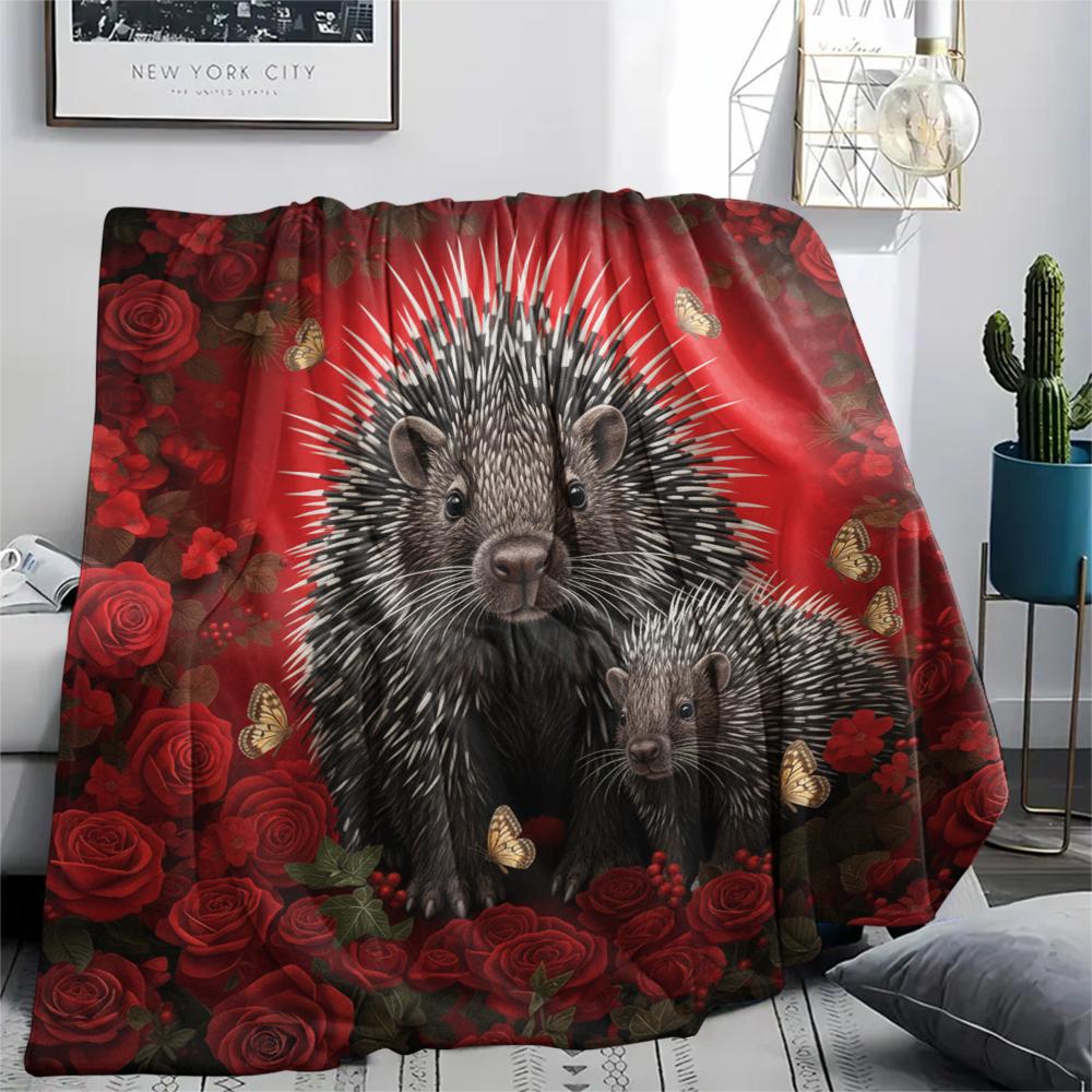 1PC Red Rose Animals Print Flannel Blanket, High quality All Seasons, Home Decor, Warmth and Comfort, Perfect for Christmas Gifts