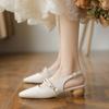 Baotou Sandals Fairy Style Summer 2025 New Thick Heel French One-word with Pearl Medium Heel Empty Shoes