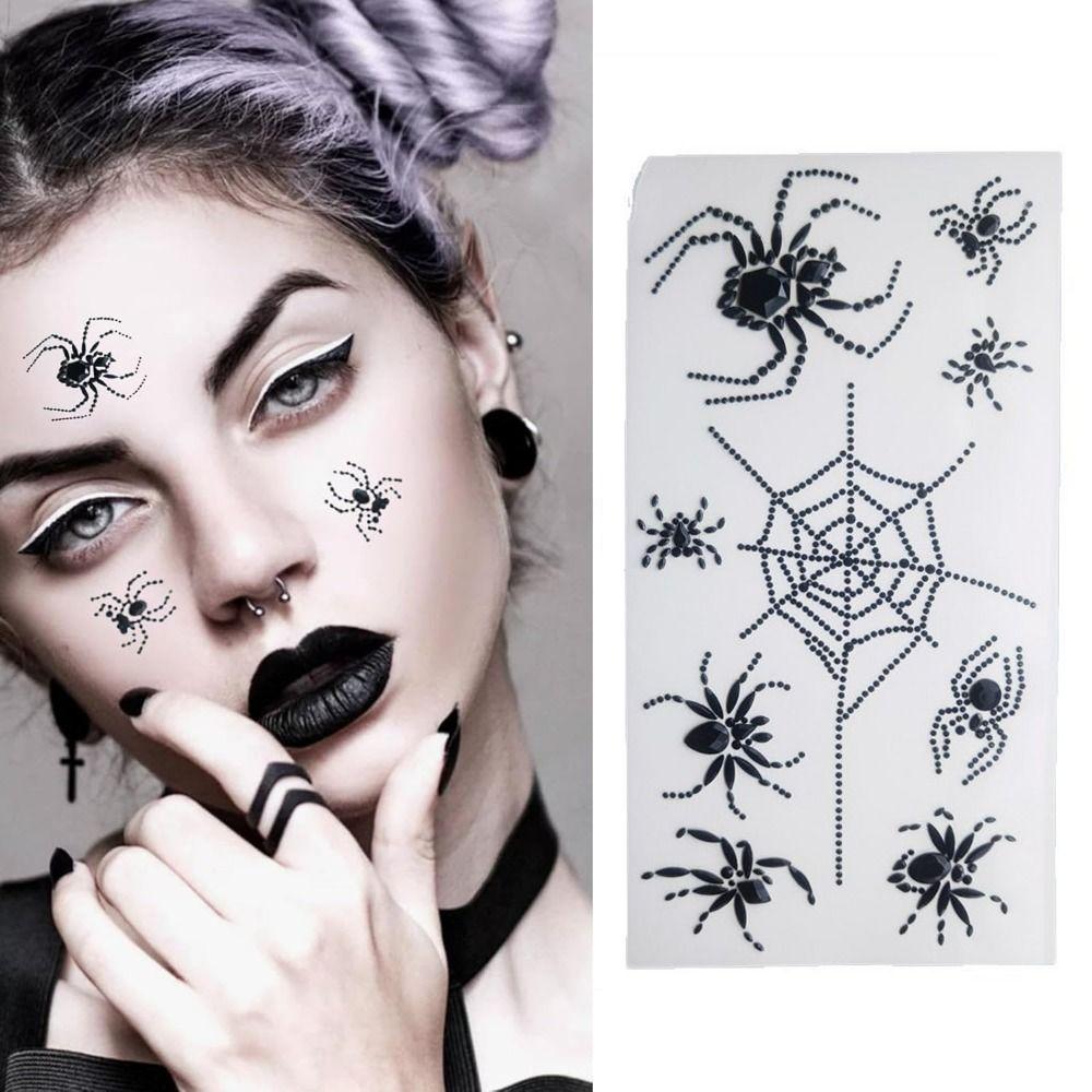 Black Halloween Temporary Tattoos 3D Halloween Face Rhinestone Sticker  Festive