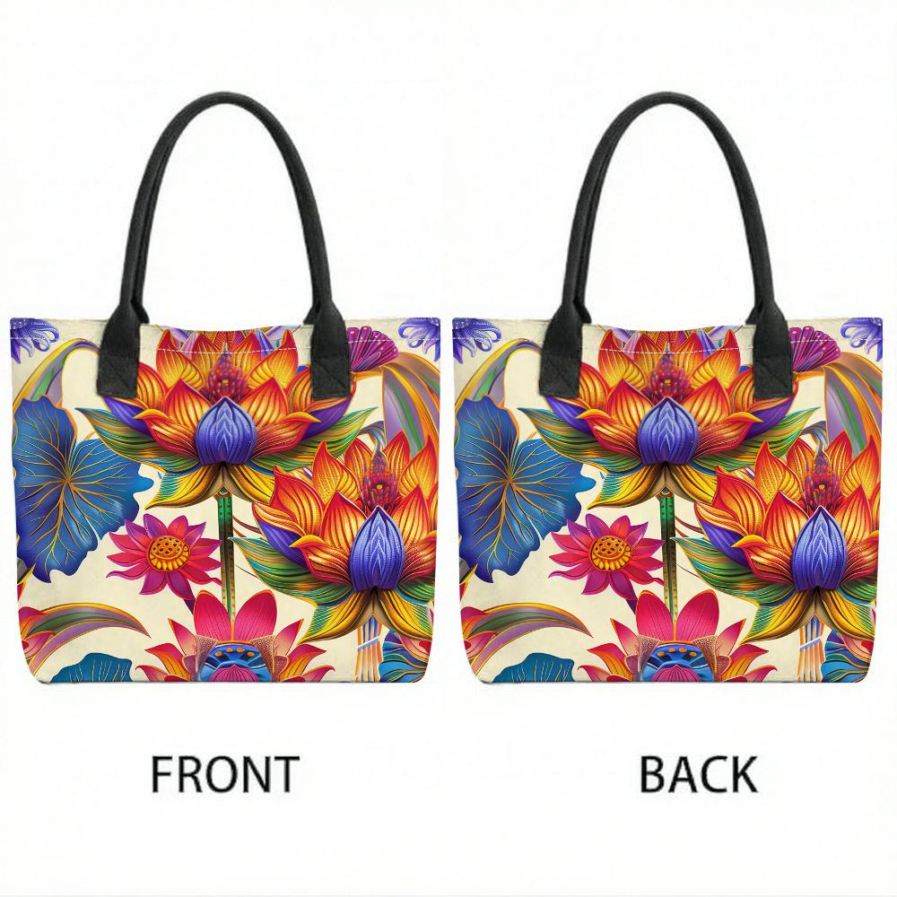 Colorful Lotus Print Tote Bag Casual Large Capacity Canvas Shoulder Bag for Daily Use