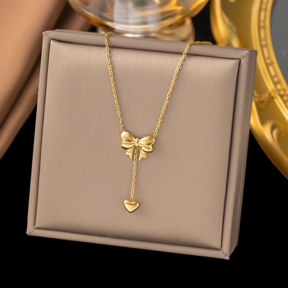 316L Stainless Steel New Fashion Fine Jewelry Sweetheart Girls Set Bowknot Heart Tassels Charm Choker Necklace Earring For Women