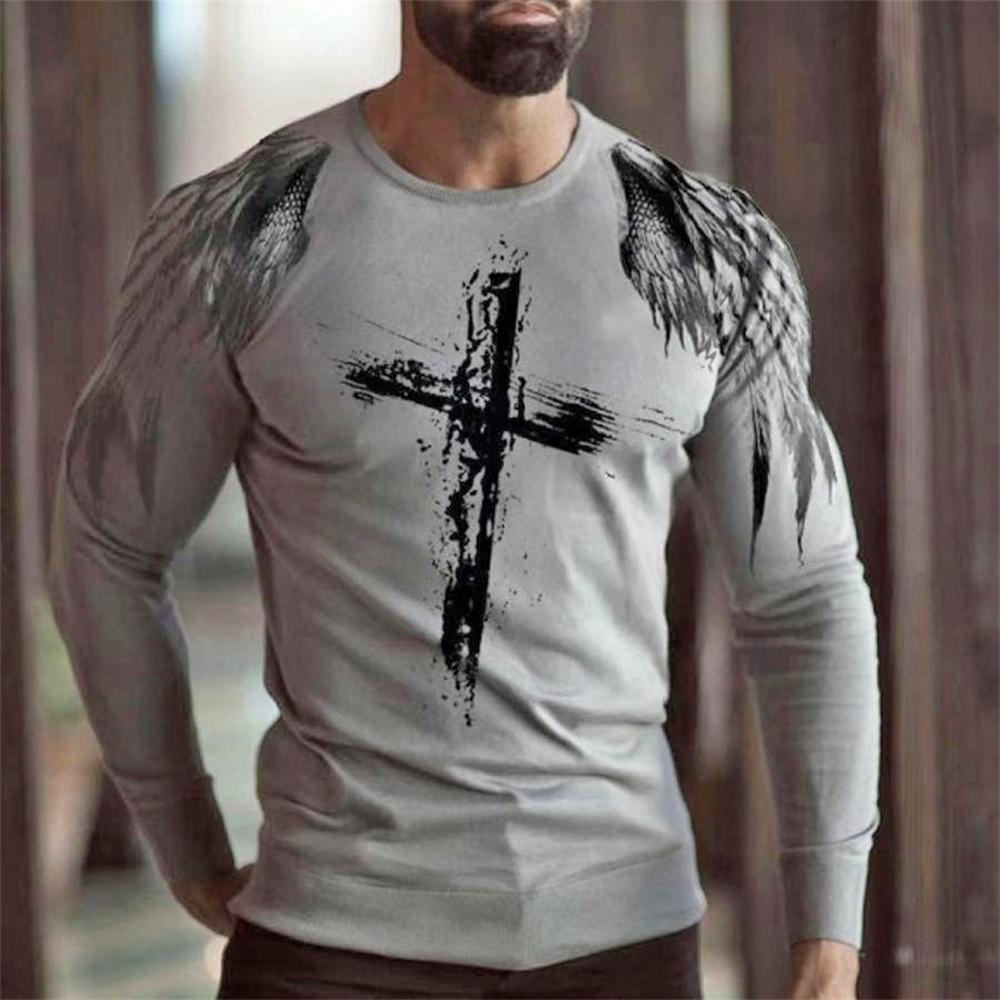 Spring and Autumn Round Neck 3D Cross Printed Top Fashionable Casual Vintage Christian Long Sleeved Men's T-shirts