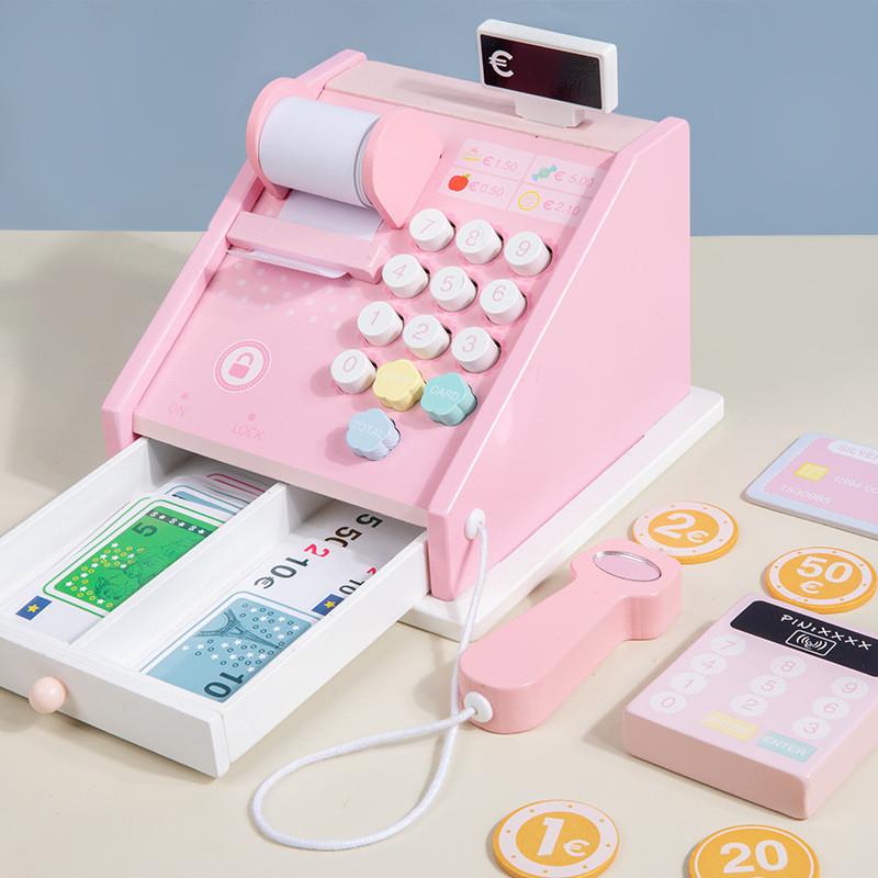 Деревянная игрушечная касса для супермаркета для детей с реалистичным сканером и ящиком