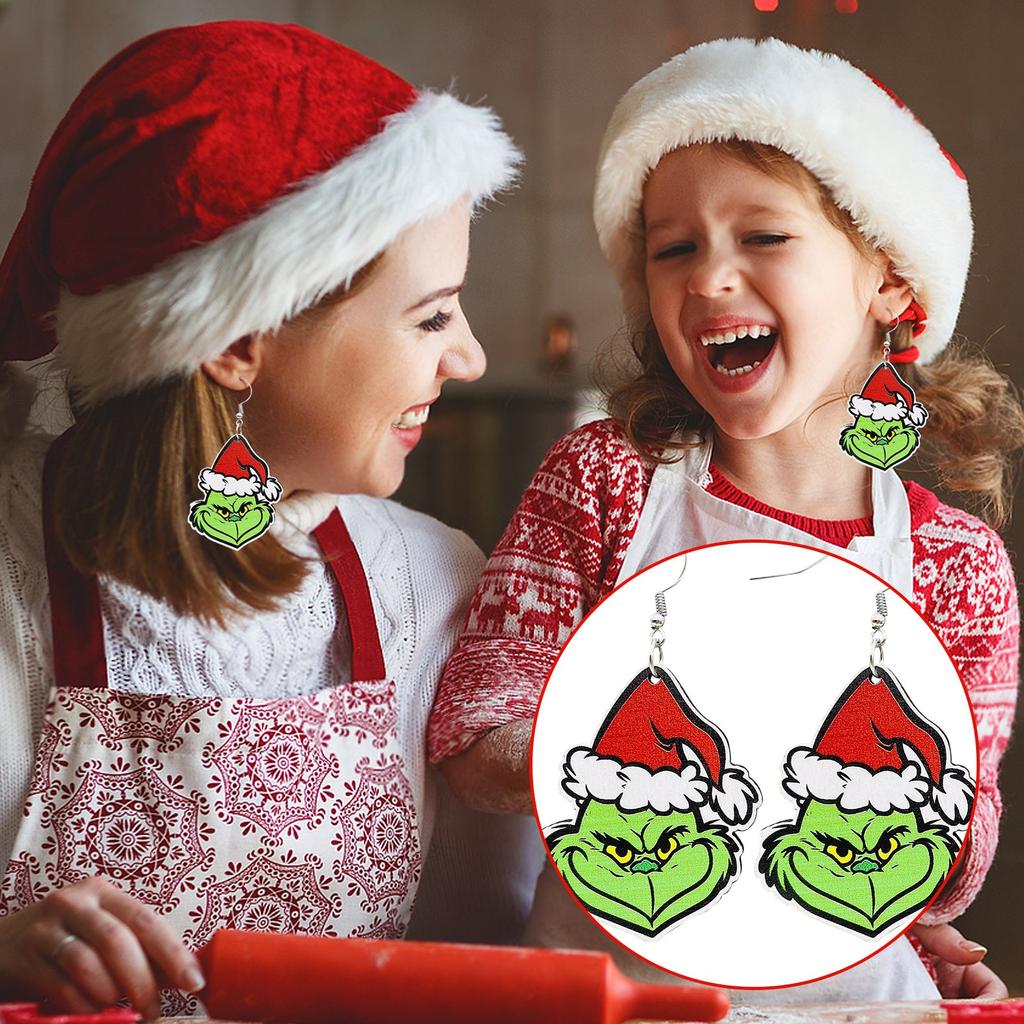 Рождественские деревянные серьги Зеленые волосы Рождественский подарок Висячие деревянные серьги Серьги