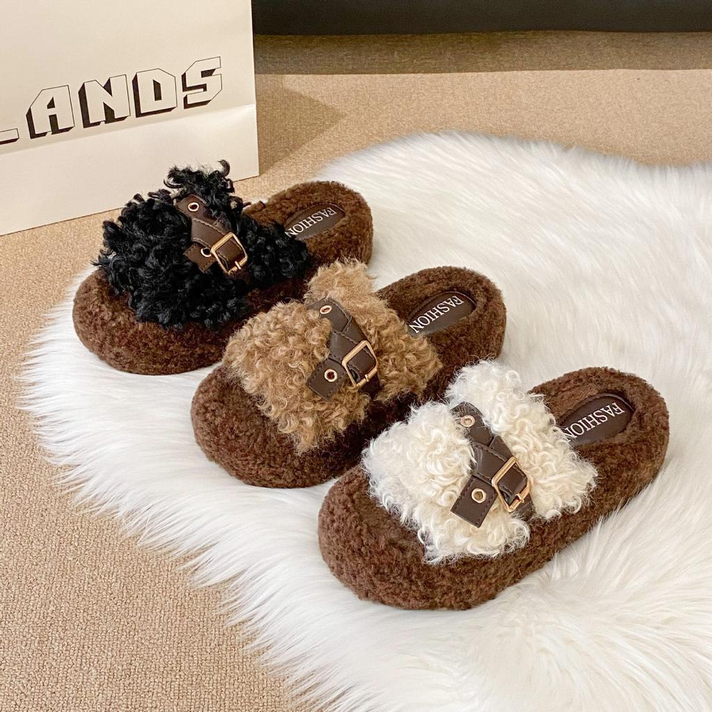 Muffin Mao Mao Slippers Women's Outer Wear 2025 Autumn and Winter New Small Thick Bottom Increase Cotton Mop Versatile One-word Mop