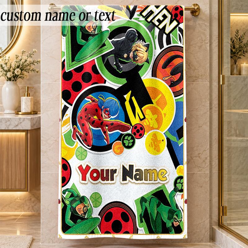 Beach TowelMiraculous Ladybug Custom Name Text Personalized Soft Towel for Beach Pool Indoor Home Decor Gift