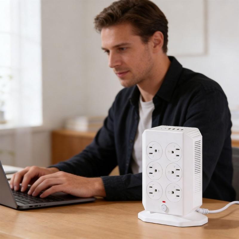 Vertical Type Power Strips 12 Outlets Small Design Outlet Tower for Home and Offices Space Saving Plastic Construction