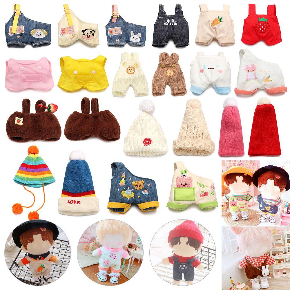 Animal Pattern Cotton Stuffed Dolls Knited Hat Mini Overalls Plush Suspender Pants Doll Clothes