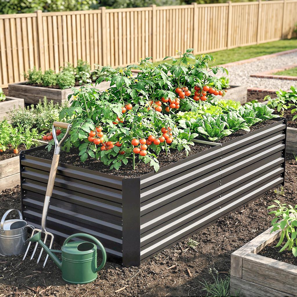 Raised Beds for Garden, Galvanised Steel Outdoor Planters with Multi-reinforced Rods, 180 x 90 x 59 cm, Dark Grey