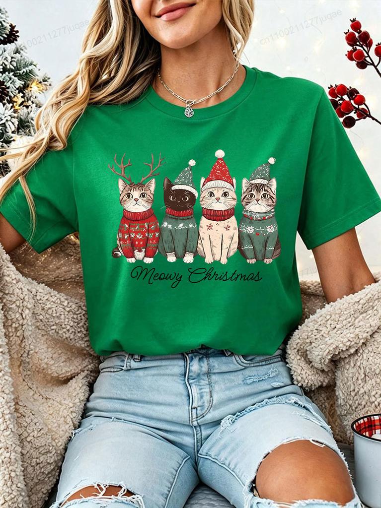 Женская Рождественская футболка Meowy Christmas Милый Кот Рождественский Свитер Шапка Принт с Оленем Короткий Рукав Повседневный Праздничный Вечеринка Футболки Топы подарок