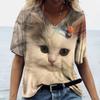 Fashion Woman Blouses T-Shirt Women's 3d Cats Print Black Kawaii T Shirt Female Clothing Oversized Summer Ladies V-Neck Top