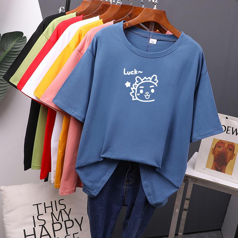 Женские хлопковые летние футболки больших размеров «Luck», милая свободная футболка с принтом, мягкий женский джемпер, топ