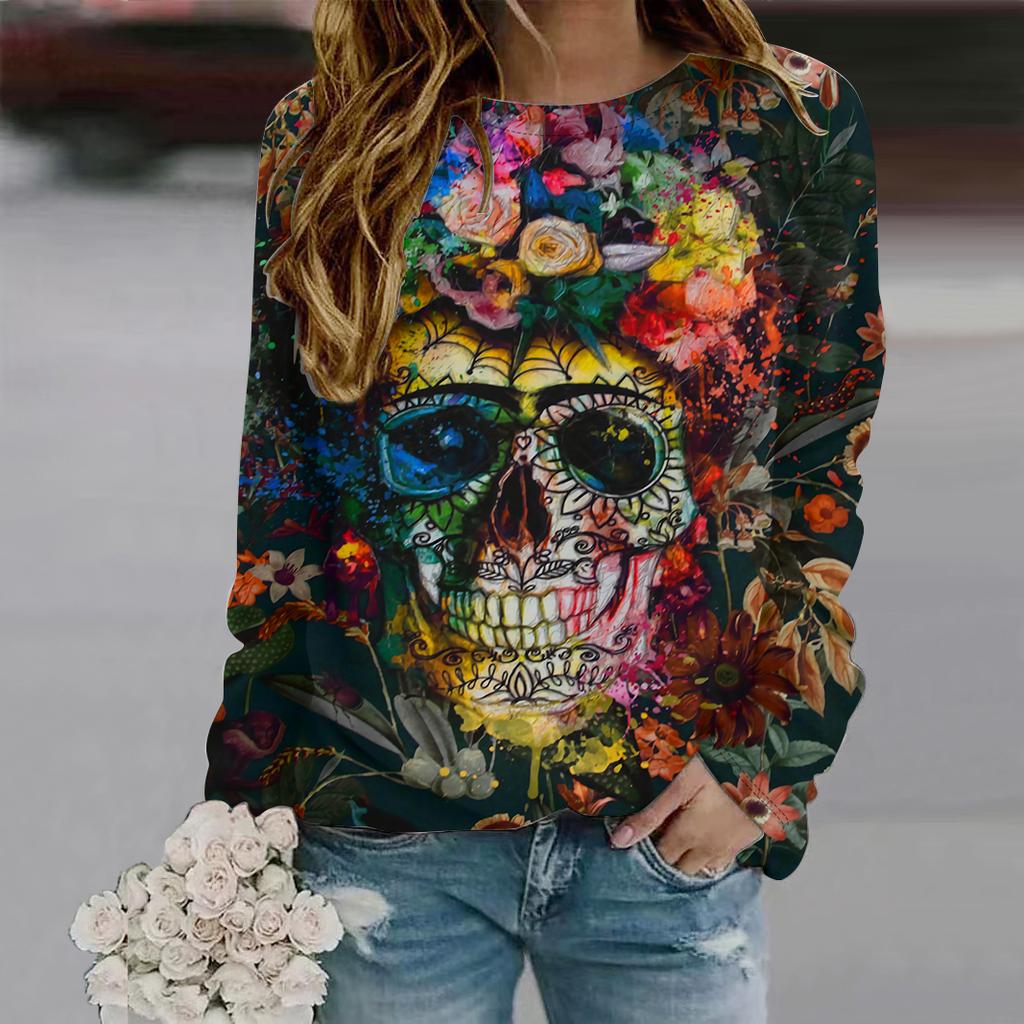 Fall Autumn Women'S Fashion O Neck Long Sleeve T-Shirt Loose Clothes Human Skeleton Print T Shirt