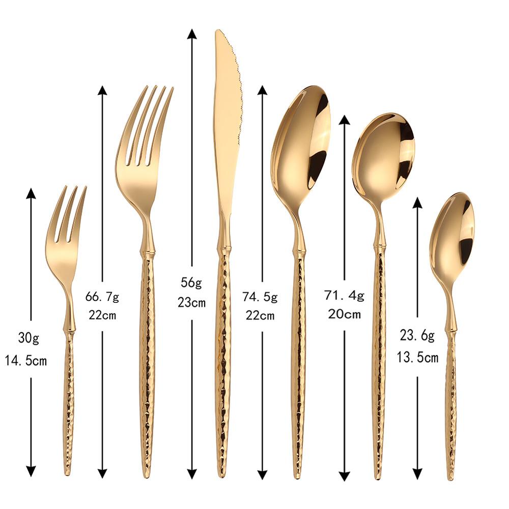 6/16/20/24Pcs Gold Cutlery Set Stainless Steel 304 Tableware Mirror Fork Spoon Western Hammer Pattern Handle Dinner Set4