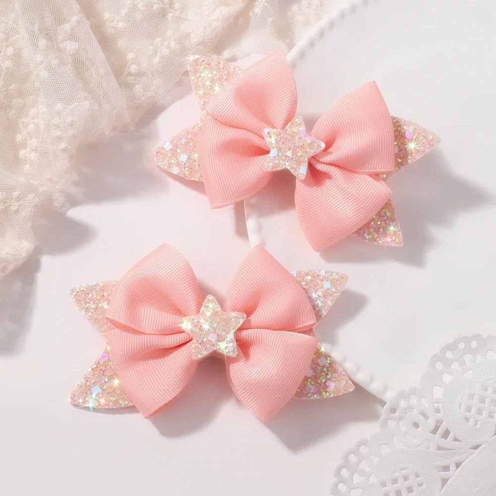LOVEKIKI 2Pcs 4.33inch Star Glitter Bow Hair Clips for Girls Boutique Ribbon Dovetail Barrette Headwear Child Hair Accessories
