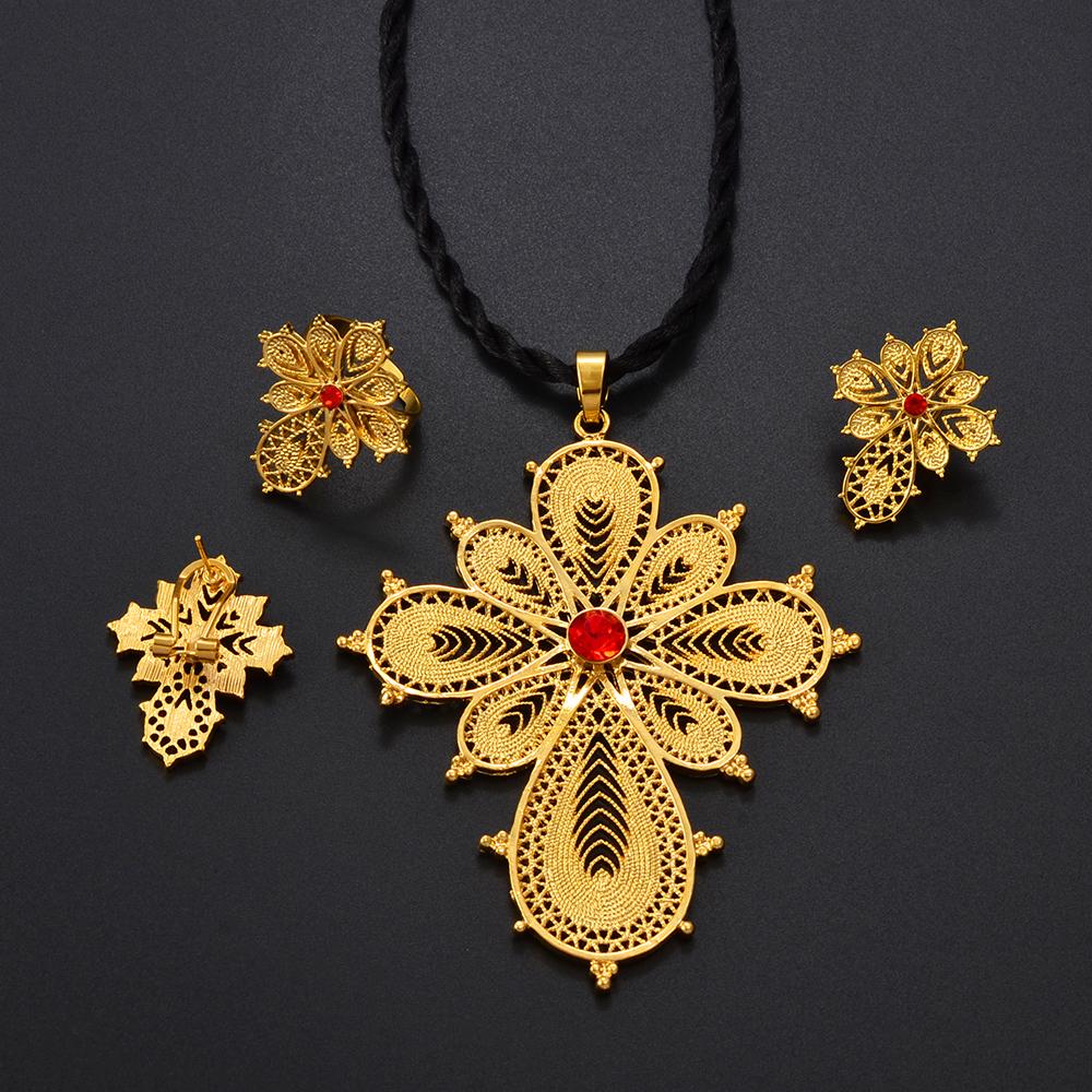 Anniyo Ethiopian Jewelry sets Cross Pendant Necklaces Earrings Rings Silver/Gold Color African Eritrean Habesha Wedding @139216