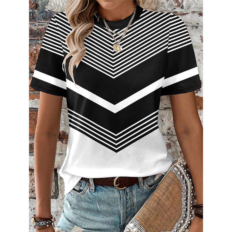 Women's T-Shirt 3d Stripe Line Printed T Shirt For Women Funny O Neck Short Sleeve Pullover Geometry Pattern Female Clothing