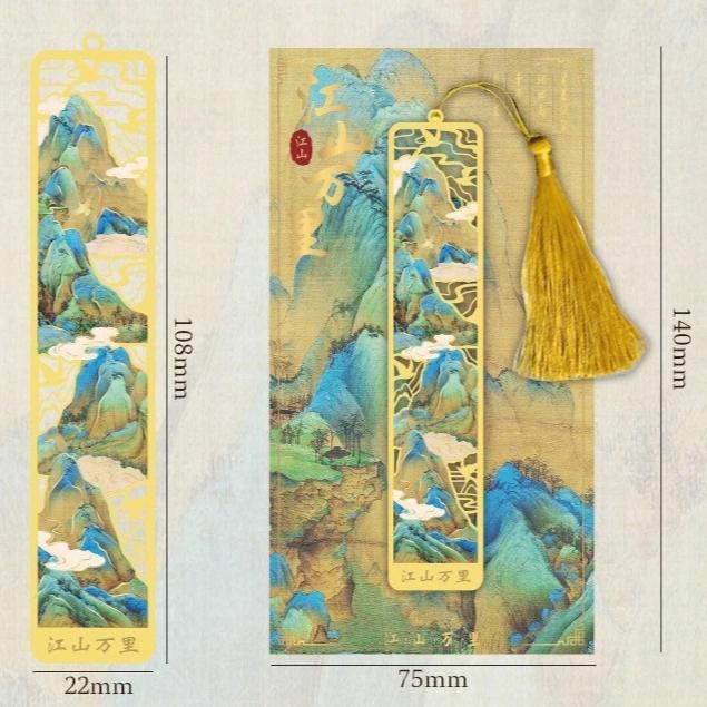 Ретро Китайский Пейзаж Латунная Закладка Ажурная Сцена Гор Бук Так с Шелковой Кисточкой Антикварный Подарок для Любителей Книг